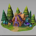 Enchanting Natural Scene With Pine Trees Wooden Cottage Mushrooms Grassy Path And Magic Cauldron