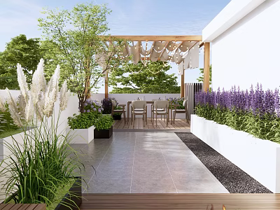 Rooftop Garden with Wooden Pergola Outdoor Dining Set Stone Flooring and Lush Greenery 3d model