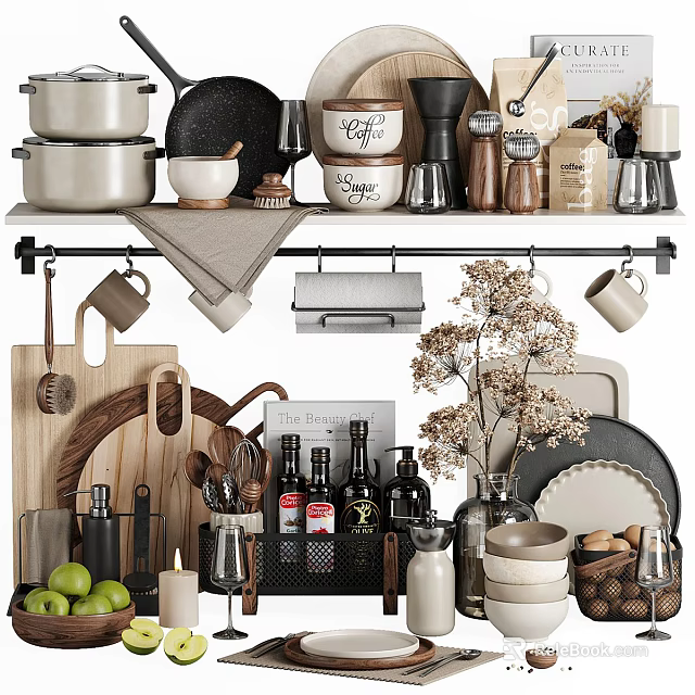 Elegant Modern Kitchen Interior Featuring Organized Spice Bottles And Storage Tools 3d model 