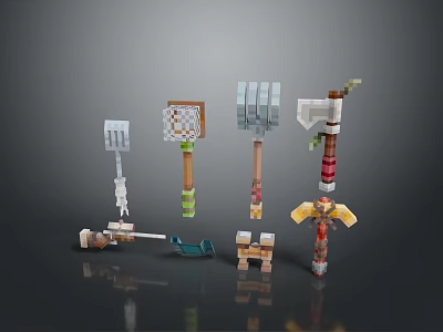 Different Types Of Pixel Art Weapons And Game Tools With Block Designs 3d model