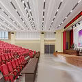 Spacious Conference Room with Red Seats Platform Projection Screen and Ceiling Lighting 3d model