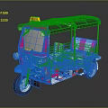 Blue And Pink Tuk Tuk Taxi With Yellow TAXI Sign On Roof And Striped Seats