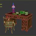 Wooden Writing Desk With Vintage Table Lamp Stack Of Books And Green Cushion Chair