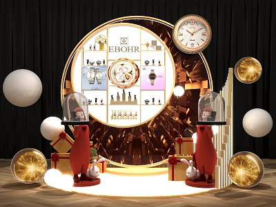 EBOHR Photo Check In Spot With Circular Display Clock Watches Golden Decorations And Red Stands 3d model
