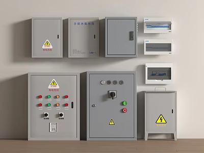 Gray Electrical Control Panels With Warning Signs Buttons And Display Screens 3d model