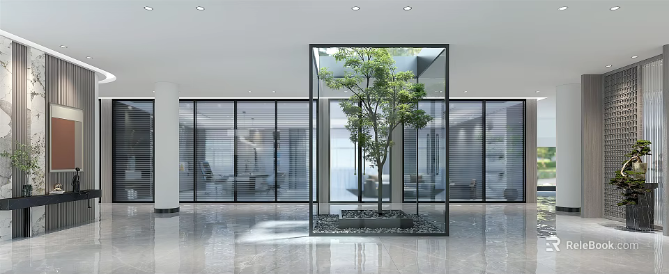 Modern Front Desk Reception Area With Glass Partition Green Plant And Bright Space 3d model 