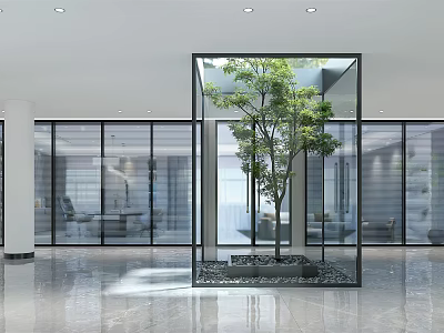 Modern Front Desk Reception Area With Glass Partition Green Plant And Bright Space 3d model