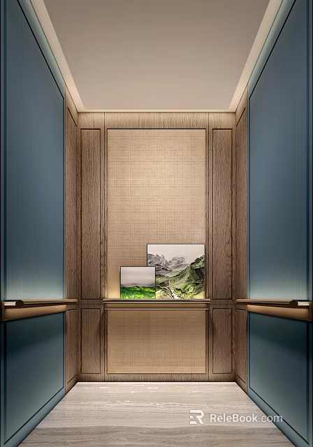 Modern Elevator Lobby Design With Wooden Beige Fabric Panel And Landscape Paintings On Blue Walls 3d model 