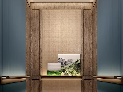 Modern Elevator Lobby Design With Wooden Beige Fabric Panel And Landscape Paintings On Blue Walls 3d model