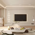 Modern Living Room Interior Design With Linear Lighting Beige Sofa Round Rug And Wooden Walls
