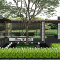 Modern Pergola Design With Central Tree Stone Walls And Courtyard Greenery