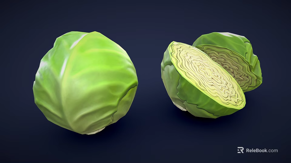 Fresh Green Cabbage Display With Whole Head And Sliced Cross Section Leafy Layers 3d model