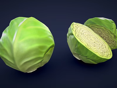 Fresh Green Cabbage Display With Whole Head And Sliced Cross Section Leafy Layers 3d model