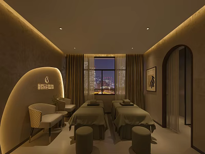 Luxurious SPA Sauna Interior With Massage Beds Soft Lighting And City Night View 3d model