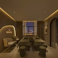 Luxurious SPA Sauna Interior With Massage Beds Soft Lighting And City Night View