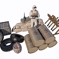 Military Weapon With Soldier Ammunition Boxes Sandbags Barrels Fences And Tires