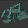 Industrial Construction Scene Components With Metal Frame Rocks Wooden Crate And Traffic Cone