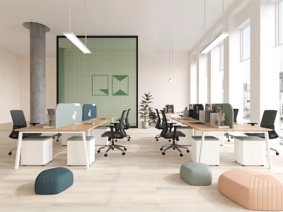Bright Modern Co working Office Space With Desks Ergonomic Chairs Green Plants And Natural Light 3d model