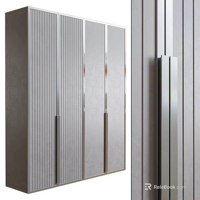 Modern Contemporary Wardrobe With Mirror Doors Vertical Stripes And Metal Handles Design 3d model 