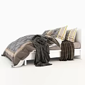 Modern Double Bed With White Frame Leaf Pattern Quilt Decorative Pillows And Folded Blanket 3d model