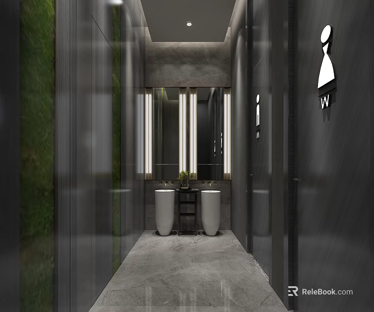 Modern Public Restroom Interior With Gray Walls Mirrors Sinks And Green Vertical Plants 3d model 
