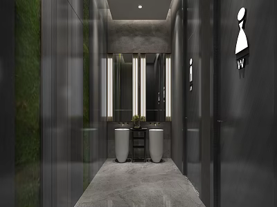Modern Public Restroom Interior With Gray Walls Mirrors Sinks And Green Vertical Plants 3d model