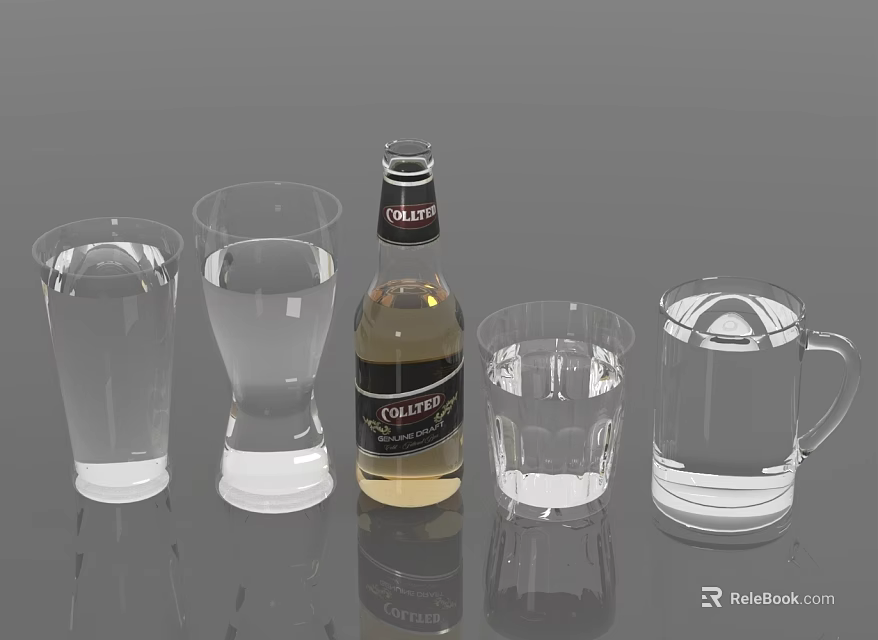 Daily Household Glassware Set With Various Water Filled Drinking Cups And Collect Bottle 3d model 
