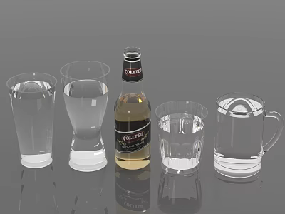 Daily Household Glassware Set With Various Water Filled Drinking Cups And Collect Bottle 3d model