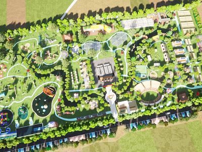 Aerial View Of Garden Landscape Design With Green Spaces Buildings And Pathways 3d model