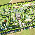 Aerial View Of Garden Landscape Design With Green Spaces Buildings And Pathways