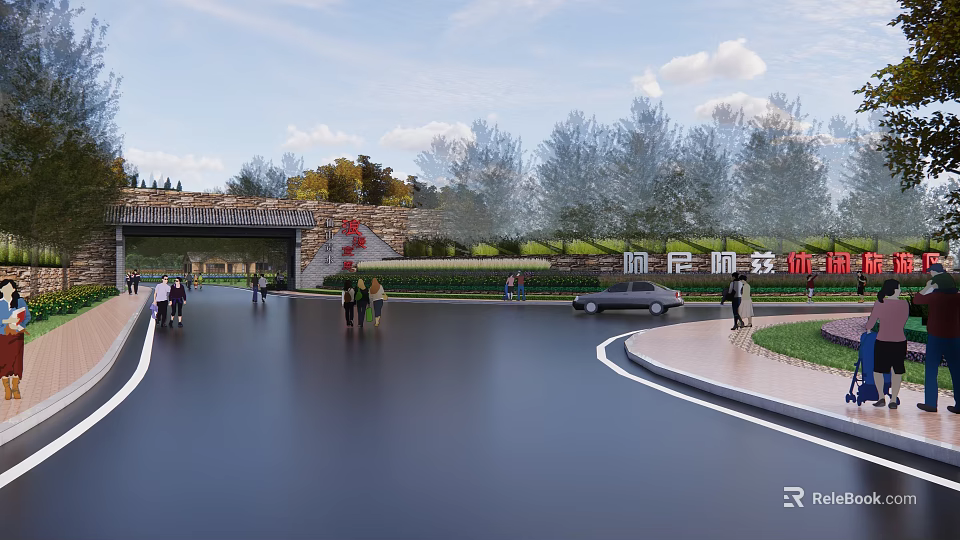 Elegant Urban Community Entrance Gate With Lush Trees And Green Landscape 3d model 