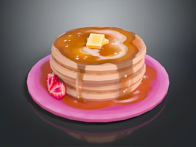 Delicious Stack of Pancakes with Butter Syrup and Fresh Strawberry on Pink Plate 3d model