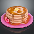 Delicious Stack of Pancakes with Butter Syrup and Fresh Strawberry on Pink Plate