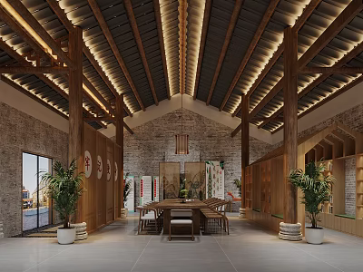Chinese Style Meeting Room With Wooden Beams Stone Walls Potted Plants And Long Table 3d model
