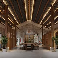 Chinese Style Meeting Room With Wooden Beams Stone Walls Potted Plants And Long Table