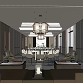 Luxurious Private Dining Room Interior With Round Table Chandelier Sofas And Plants 3d model
