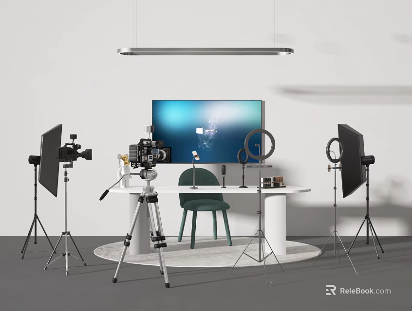 Professional Commercial Photography Equipment Setup With Camera Tripod Ring Light Monitor And Studio Lights 3d model 