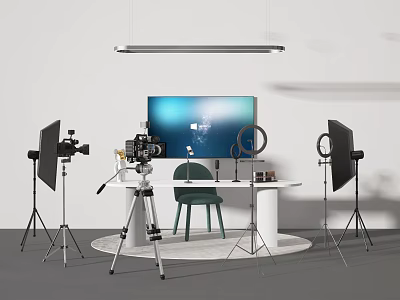 Professional Commercial Photography Equipment Setup With Camera Tripod Ring Light Monitor And Studio Lights 3d model