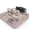 Broken Black Structure Surrounded by Stones Bricks and Debris on Concrete Base 3d model