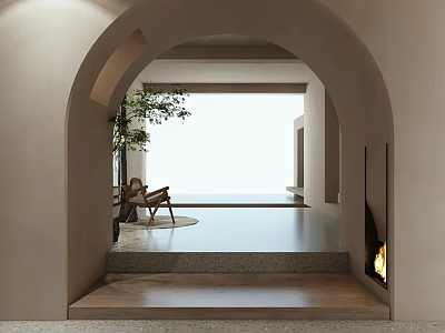 Bright Hotel Public Lounge Area With Arched Doorway Beige Walls Plant Armchair And Fireplace 3d model