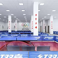 Indoor Table Tennis Fitness Court With DHS Tables Blue Barriers And Sports Silhouettes