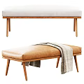 Modern Brown and Light Gray Upholstered Benches with Wooden Legs and Striped Throw Blanket