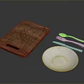 Wooden Cutting Board With White Plate And Metal Spoon Fork Knife Set