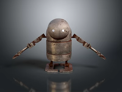 Vintage Metal Robot With Round Head And Mechanical Arms On Reflective Surface 3d model