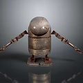 Vintage Metal Robot With Round Head And Mechanical Arms On Reflective Surface