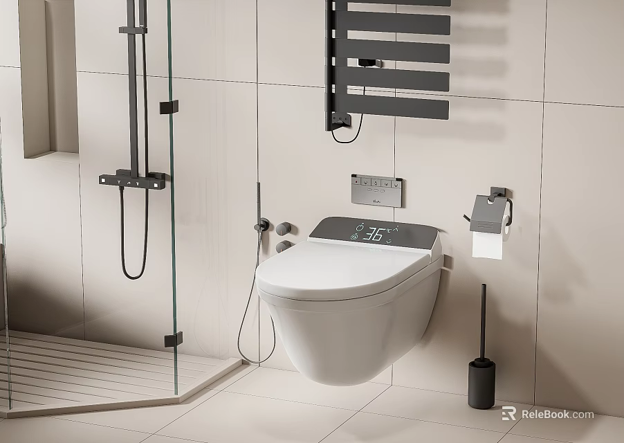 Modern Wall Hung Toilet In Bathroom With Tiled Walls Shower Area And Radiator 3d model 