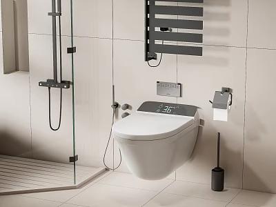 Modern Wall Hung Toilet In Bathroom With Tiled Walls Shower Area And Radiator 3d model