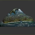 Character On Rocky Island With Lush Green Vegetation And Seahorse In Crystal Blue Water