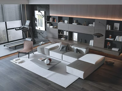 Modern Minimalist Living Room Design With Sofa And Coffee Table Set Wooden Floor And Bookshelves 3d model