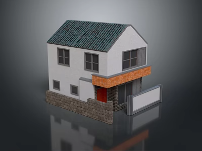 Two Story Residential Building with Green Tiled Roof White Walls Red Door and Stone Base 3d model